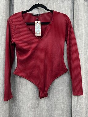 Boohoo Kids Ribbed Long-Sleeve One-Piece in Burgundy